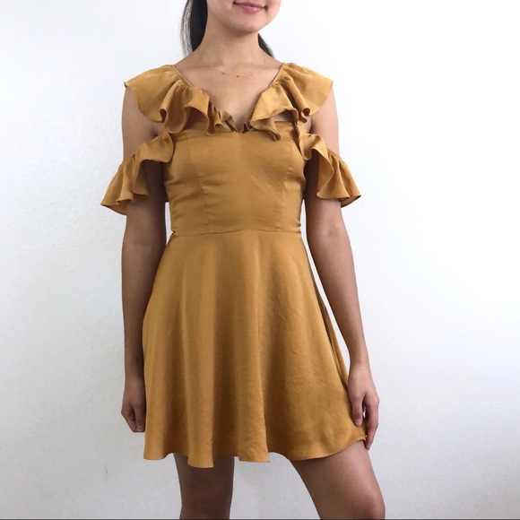 Lovers + Friends Gold Silky Ruffle Mini Dress - Picture 1 of 6